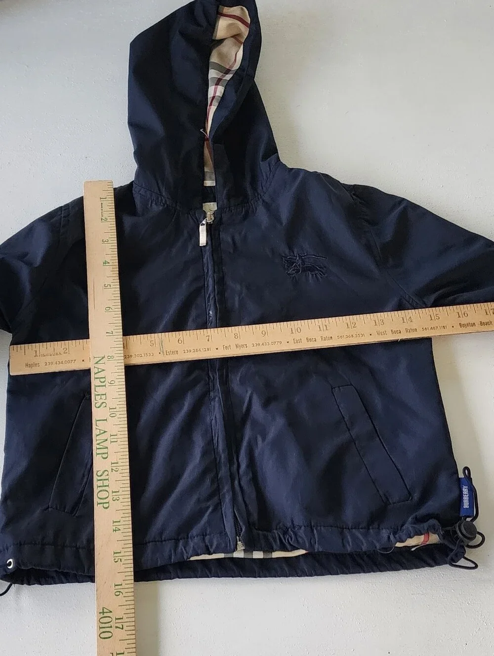 Navy Hooded Raincoat with Beige Check Hood Lining